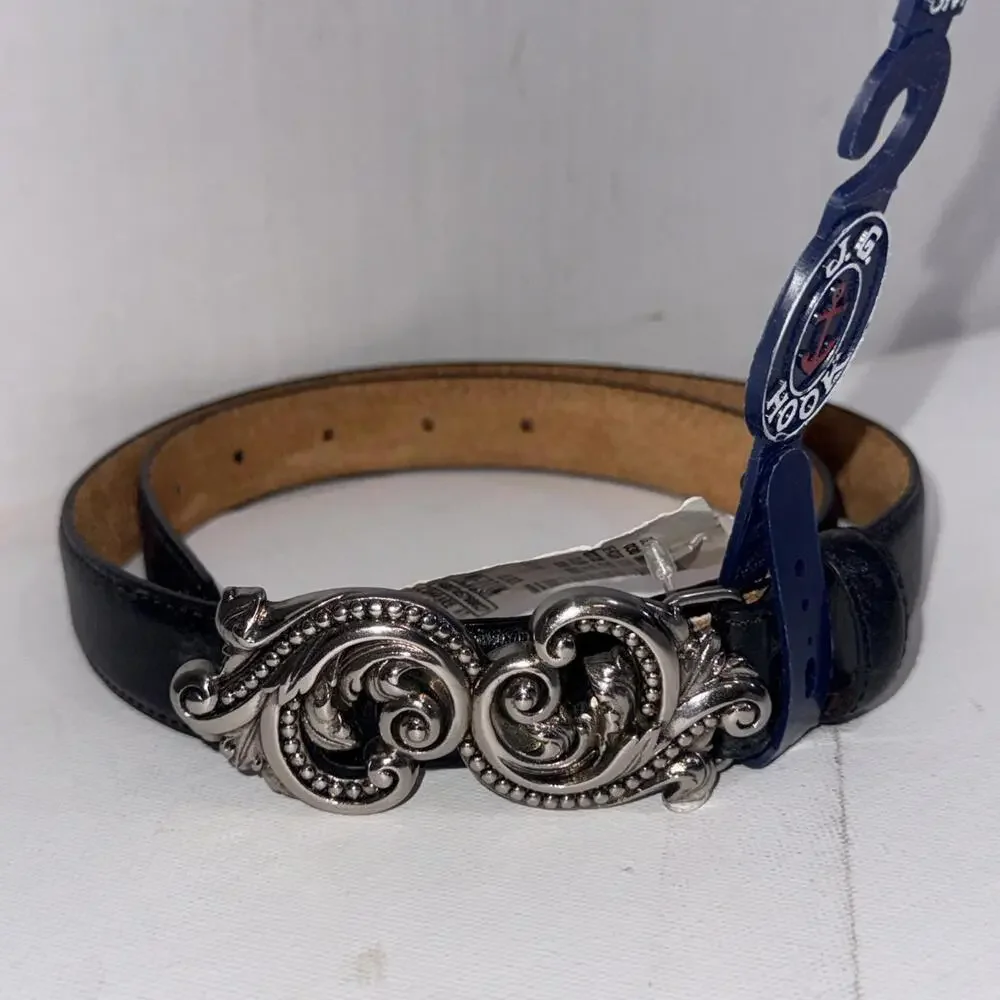90’s Y2K J.‎ G. Hook BLACK LEATHER SILVER SWIRL WESTERN BUCKLE BELT Small NWT
